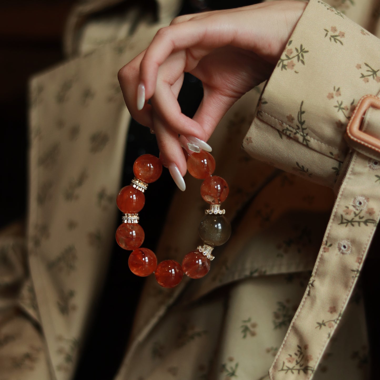 Luxury Handmade Red Rutilated Quartz Crystal Bracelet with Green Rabbit Hair Accent