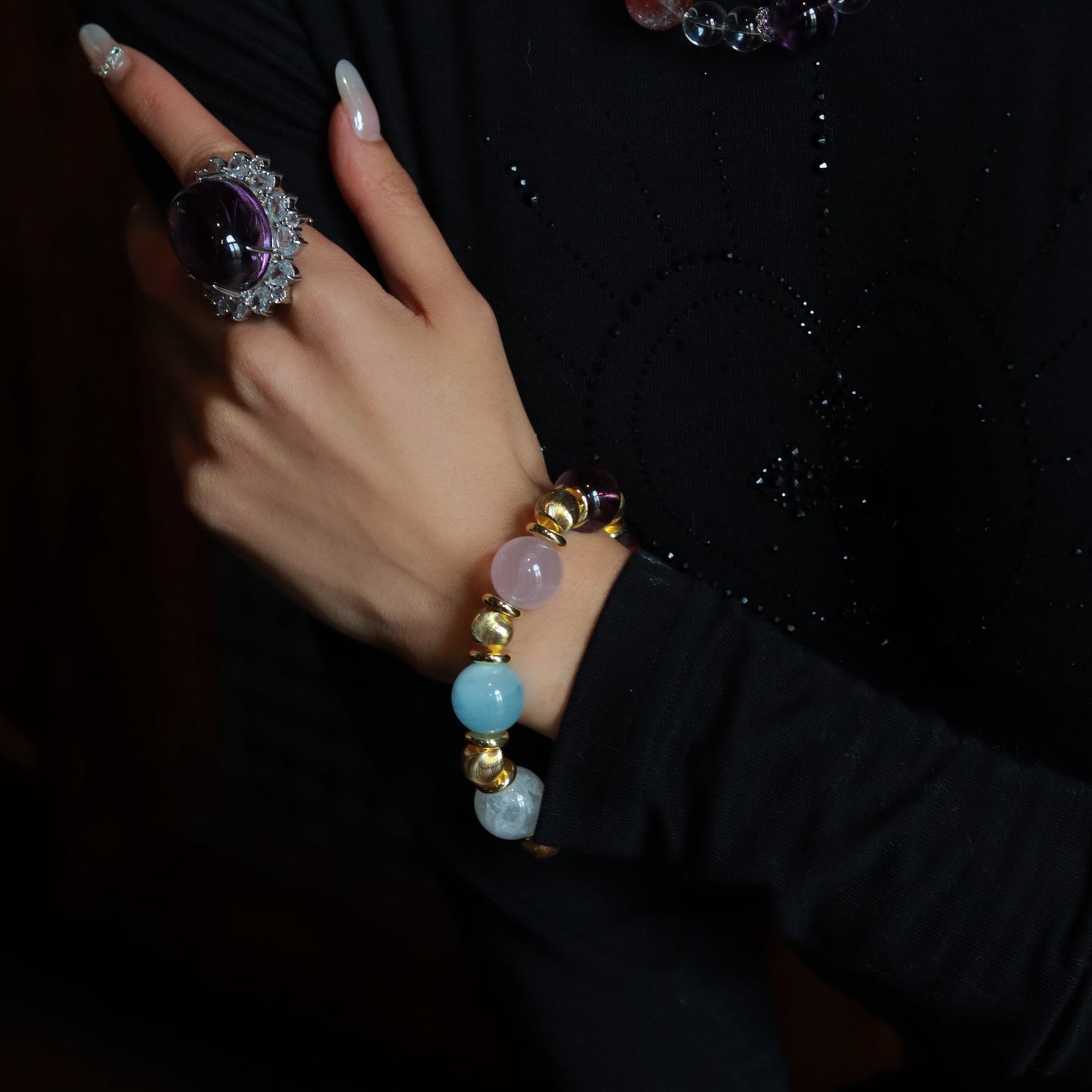 Artisan - Crafted Premium Natural Crystal Bracelet: A Symphony of Aquamarine, Amethyst & Others