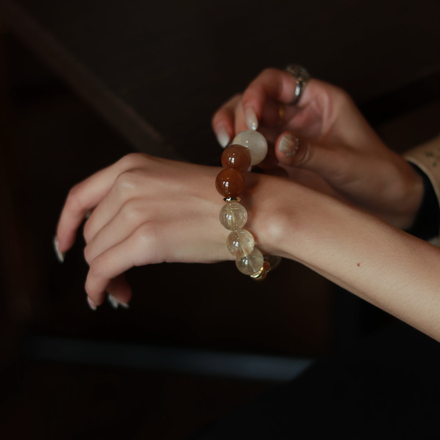 Artisan - Crafted Premium Crystal Bracelet: White Rabbit Hair Focal Bead, Red Rabbit Hair & Golden Rutilated Quartz