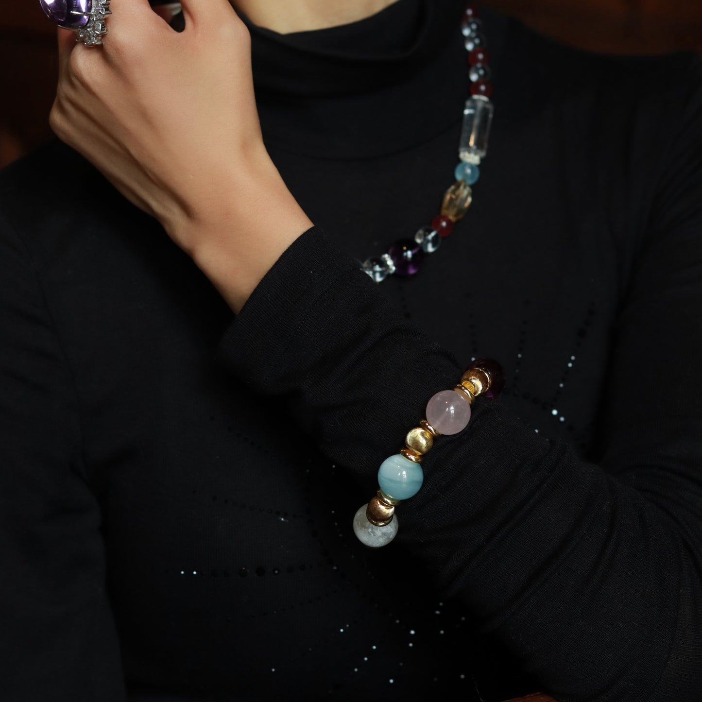 Artisan - Crafted Premium Natural Crystal Bracelet: A Symphony of Aquamarine, Amethyst & Others