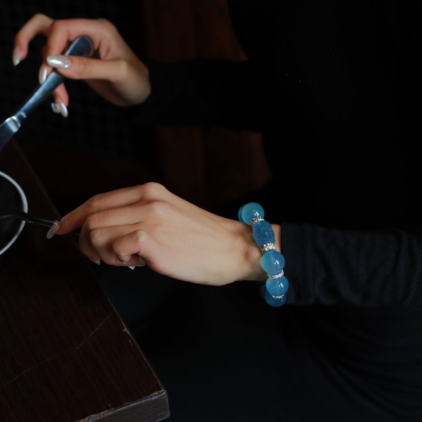 Handmade Luxury Aquamarine Bracelet with Pixiu Accent Bead