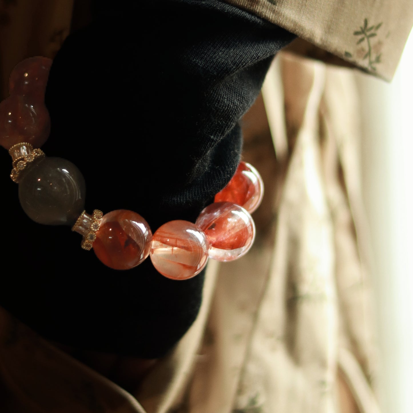 Luxury Handmade Red Rutilated Quartz Crystal Bracelet with Green Rabbit Hair Accent