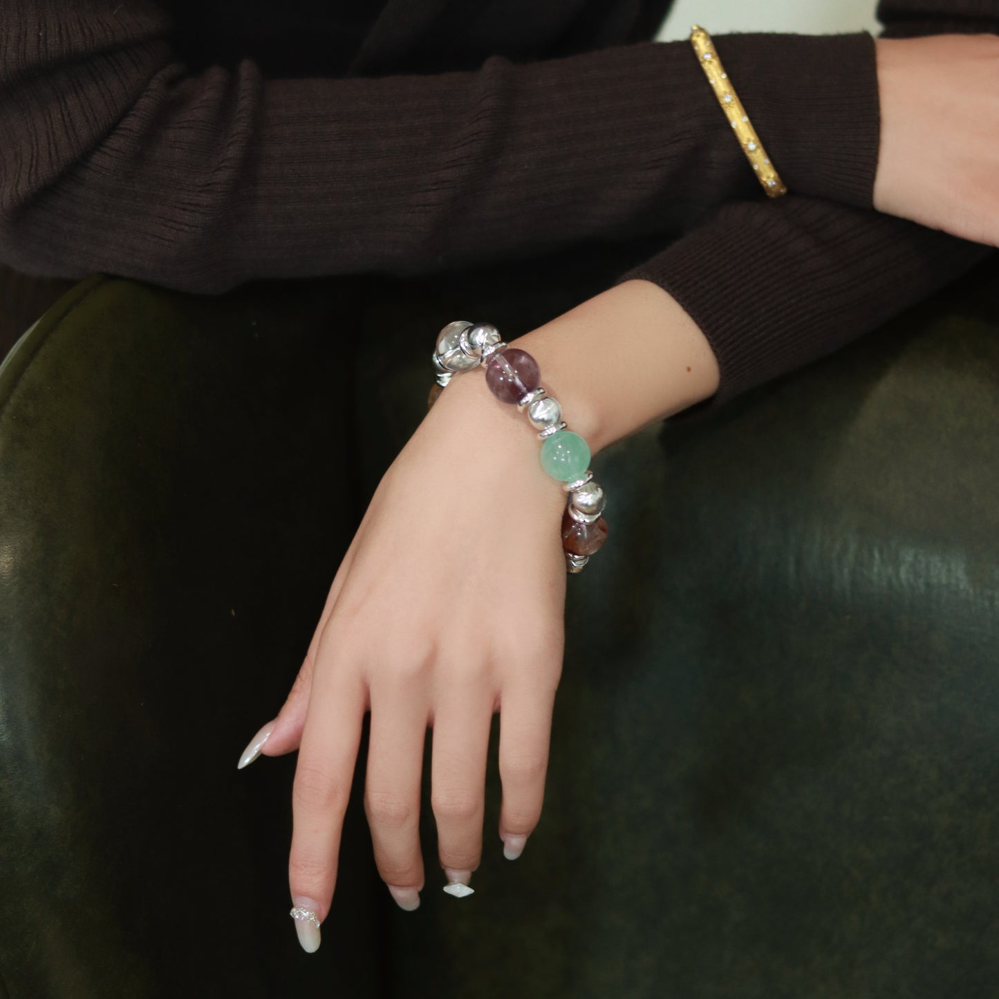 Handmade Multi - Crystal Bracelet: Aquamarine, Rose Quartz, Red Rutilated Quartz & Green Fluorite Fusion