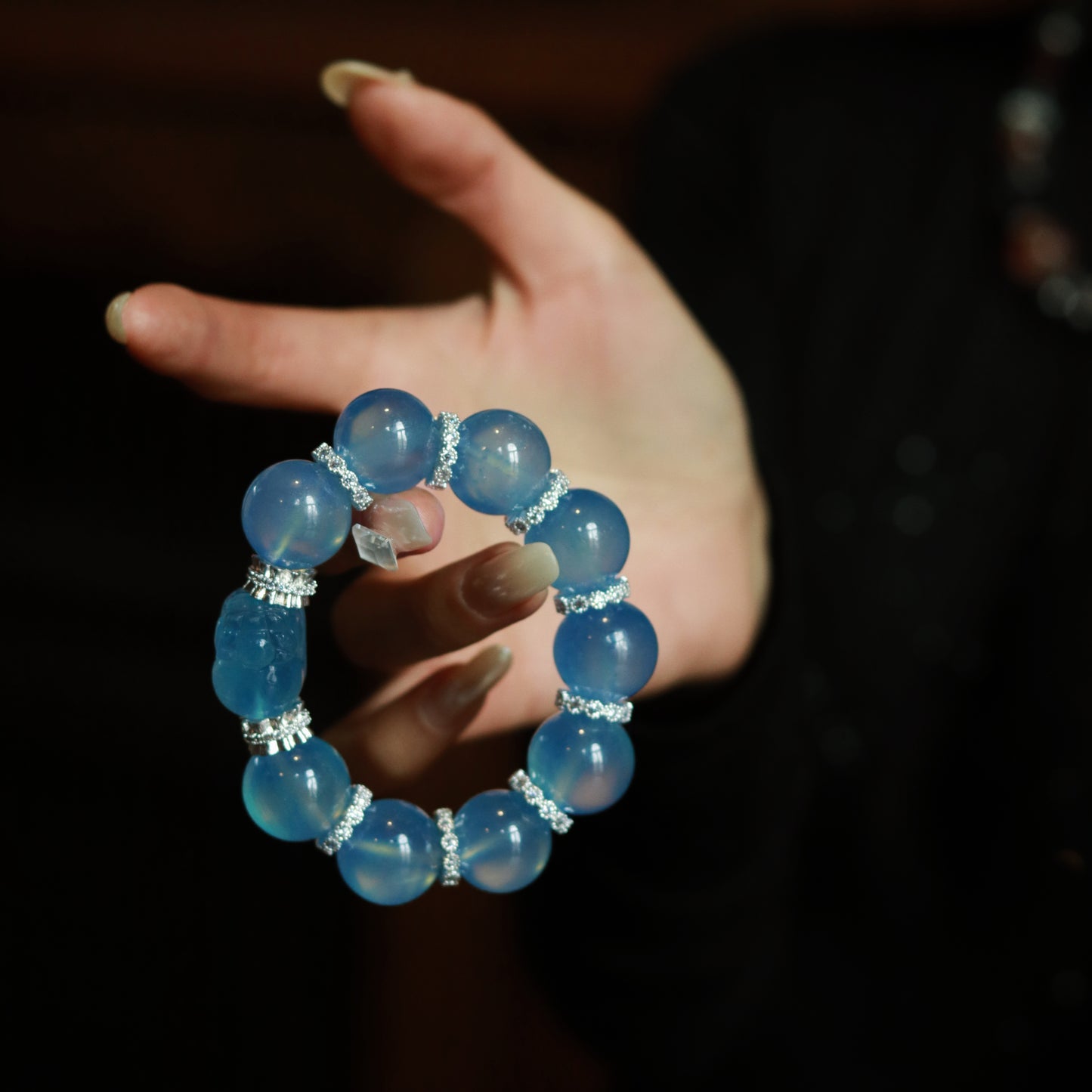 Handmade Luxury Aquamarine Bracelet with Pixiu Accent Bead