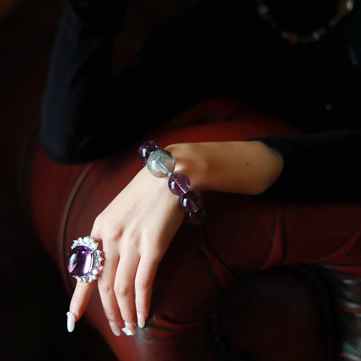 Handmade Luxury Brazilian Amethyst Bracelet with Green Phantom Quartz Accent