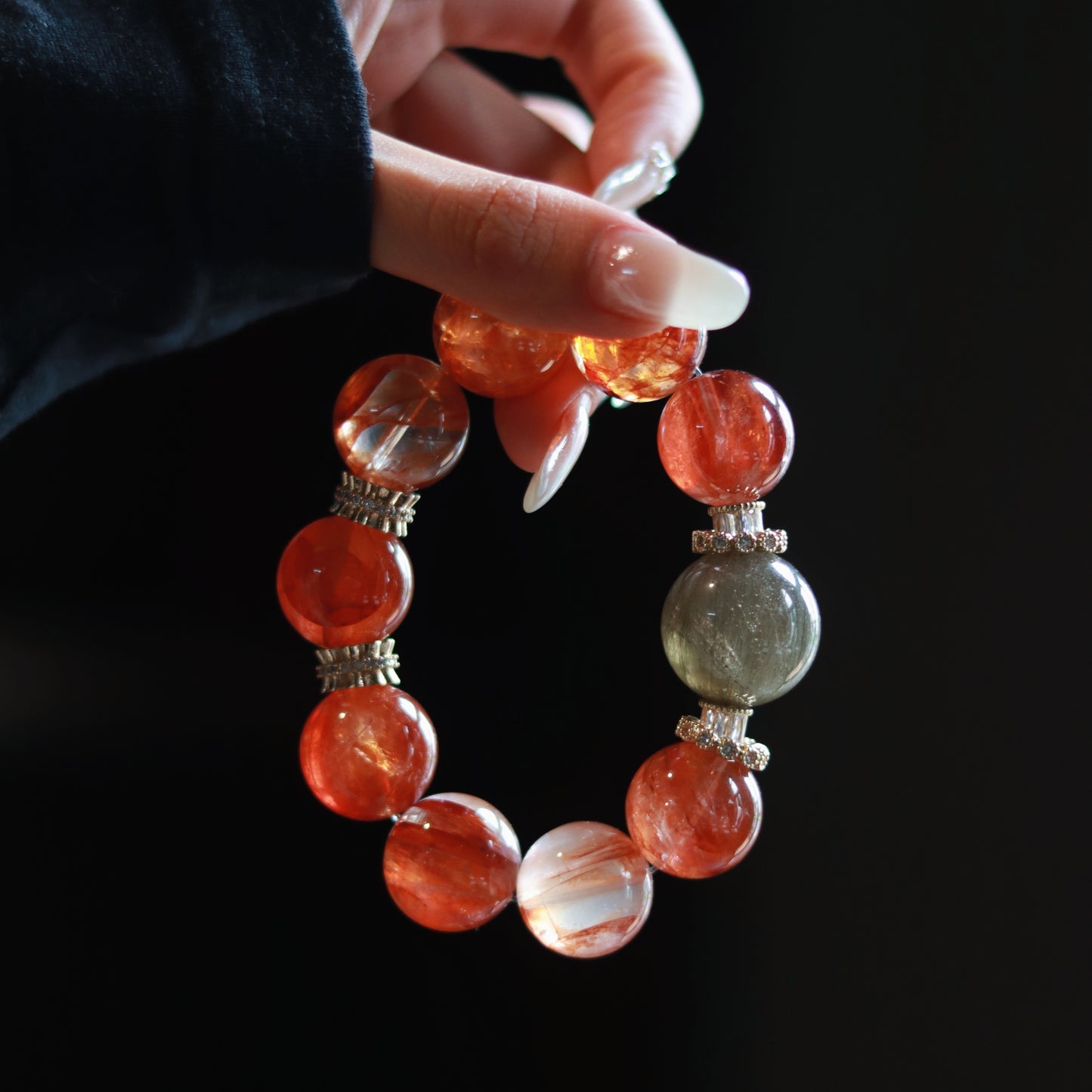 Luxury Handmade Red Rutilated Quartz Crystal Bracelet with Green Rabbit Hair Accent