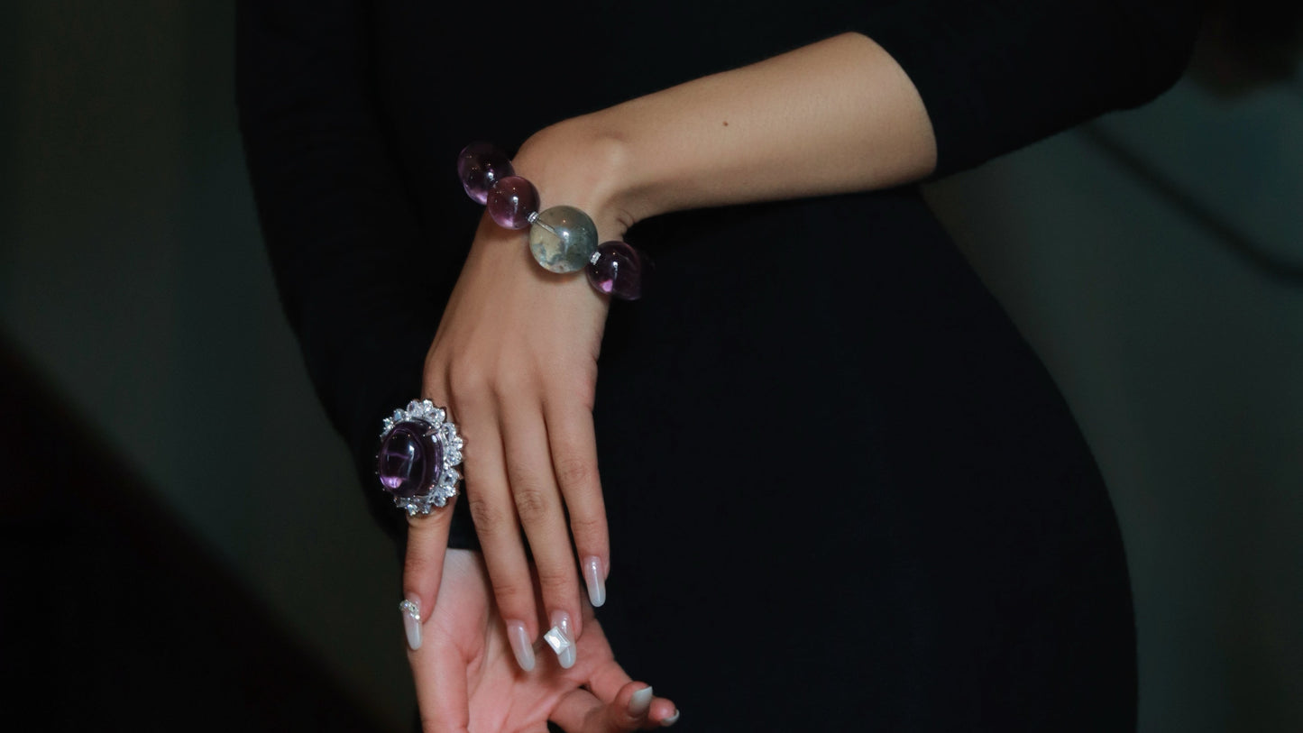 Handmade Luxury Brazilian Amethyst Bracelet with Green Phantom Quartz Accent