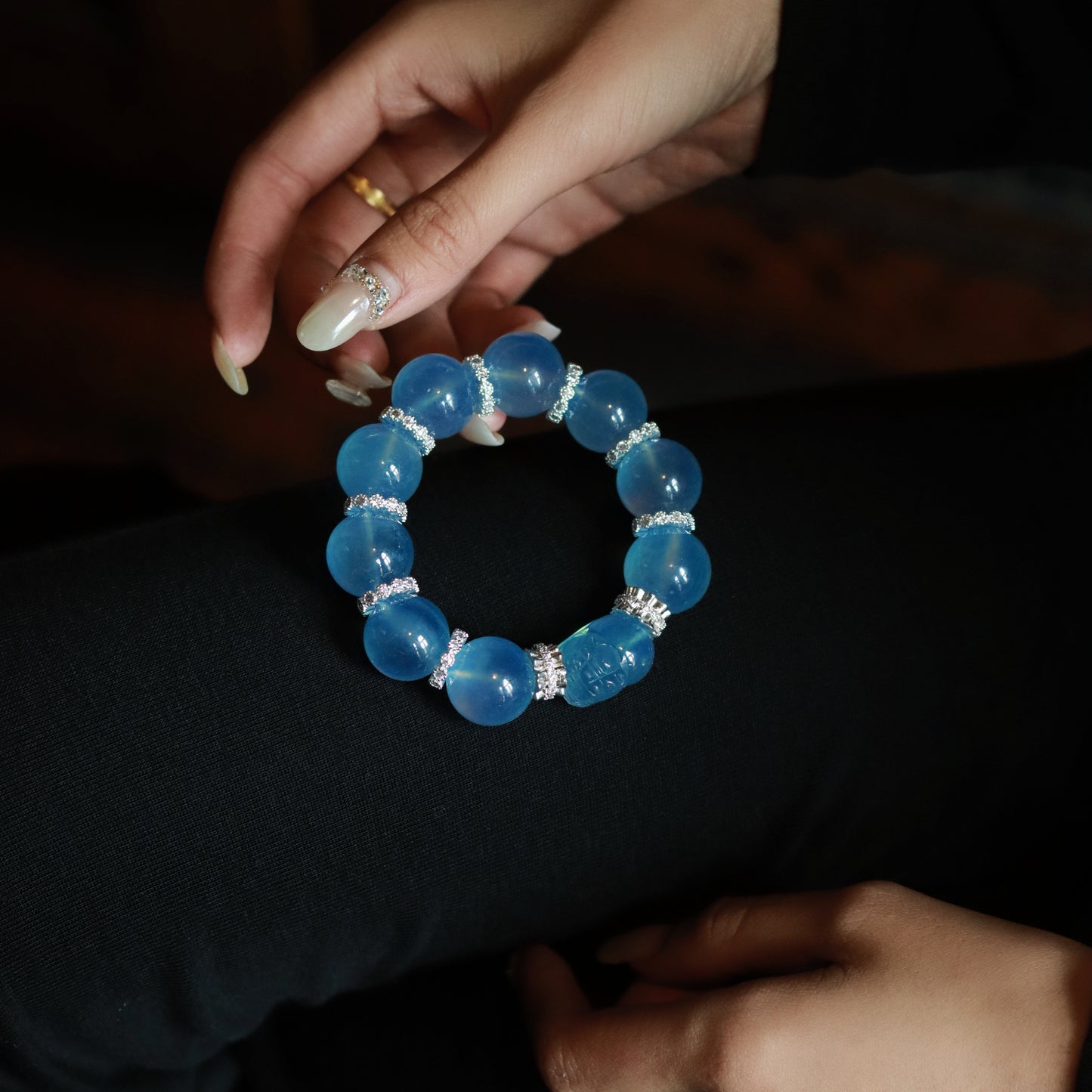Handmade Luxury Aquamarine Bracelet with Pixiu Accent Bead