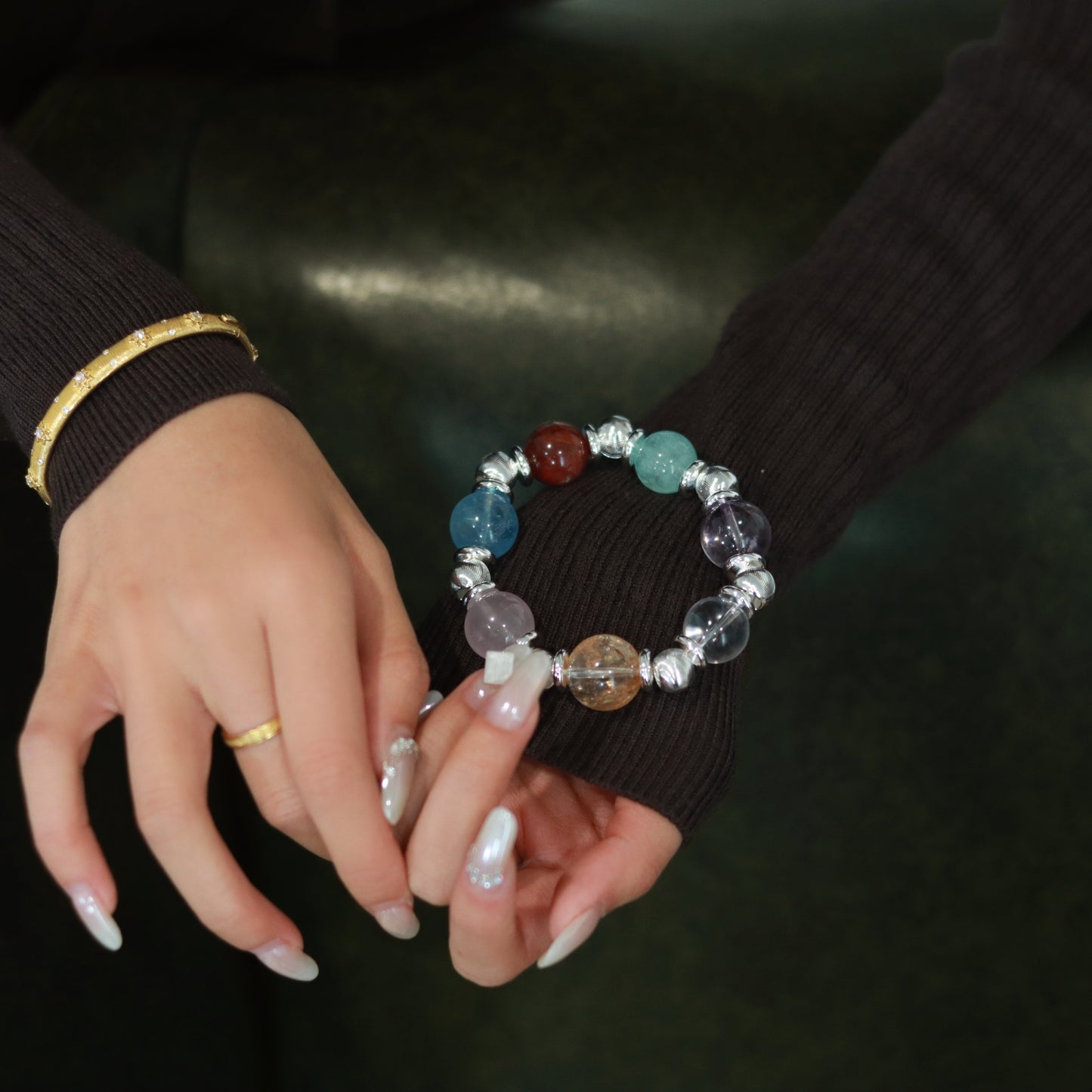 Handmade Multi - Crystal Bracelet: Aquamarine, Rose Quartz, Red Rutilated Quartz & Green Fluorite Fusion