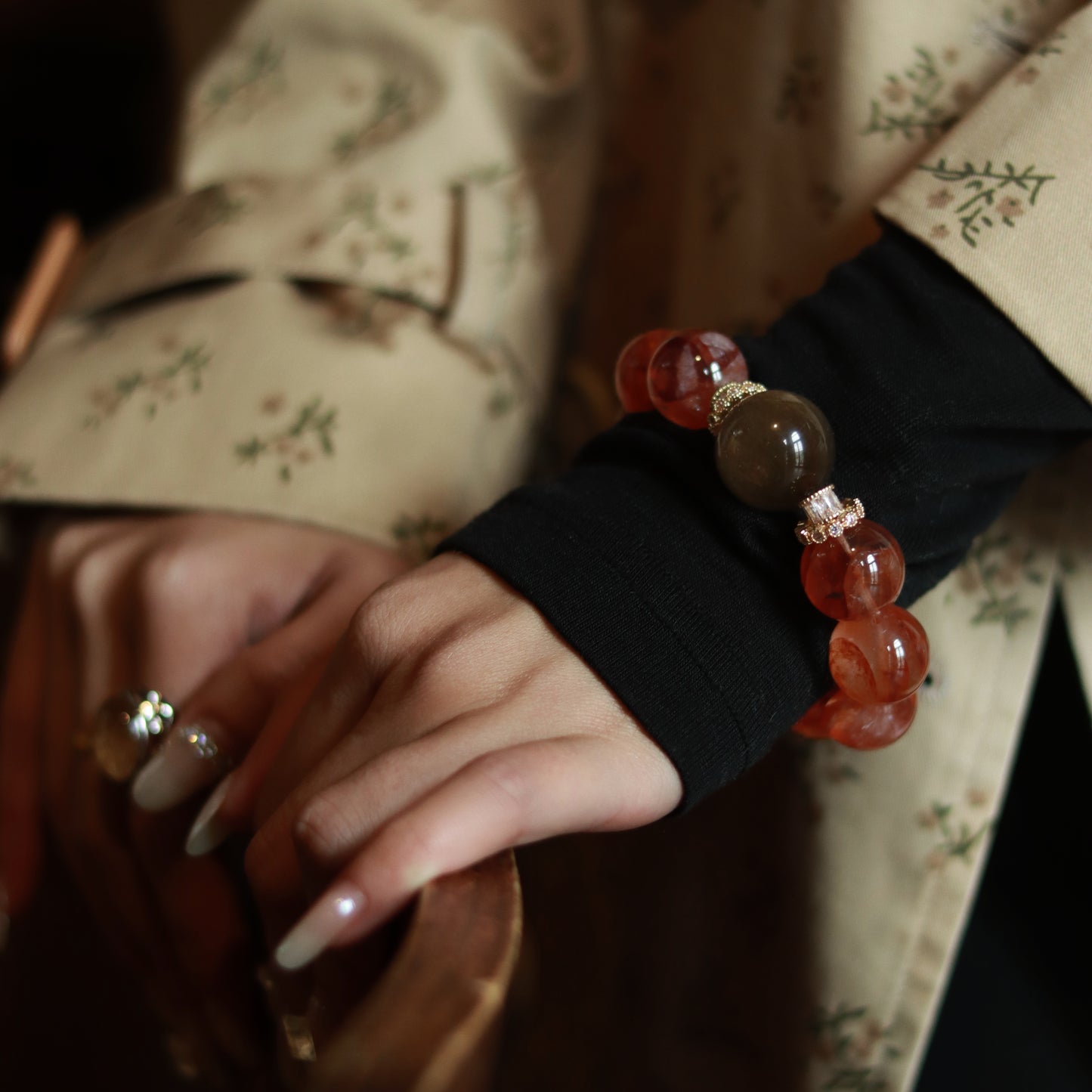 Luxury Handmade Red Rutilated Quartz Crystal Bracelet with Green Rabbit Hair Accent