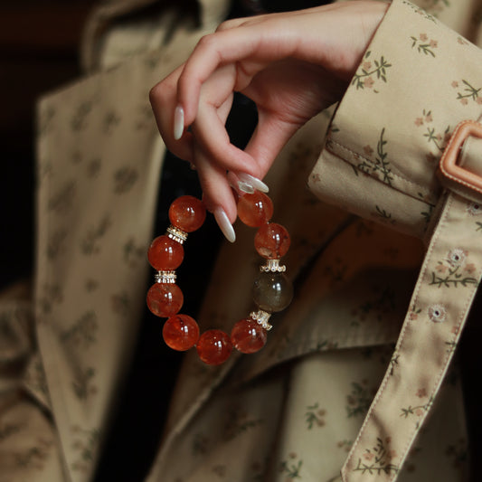 Luxury Handmade Red Rutilated Quartz Crystal Bracelet with Green Rabbit Hair Accent