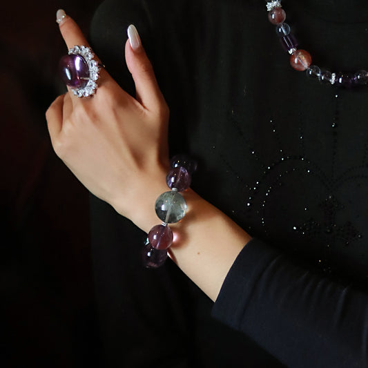 Handmade Luxury Brazilian Amethyst Bracelet with Green Phantom Quartz Accent