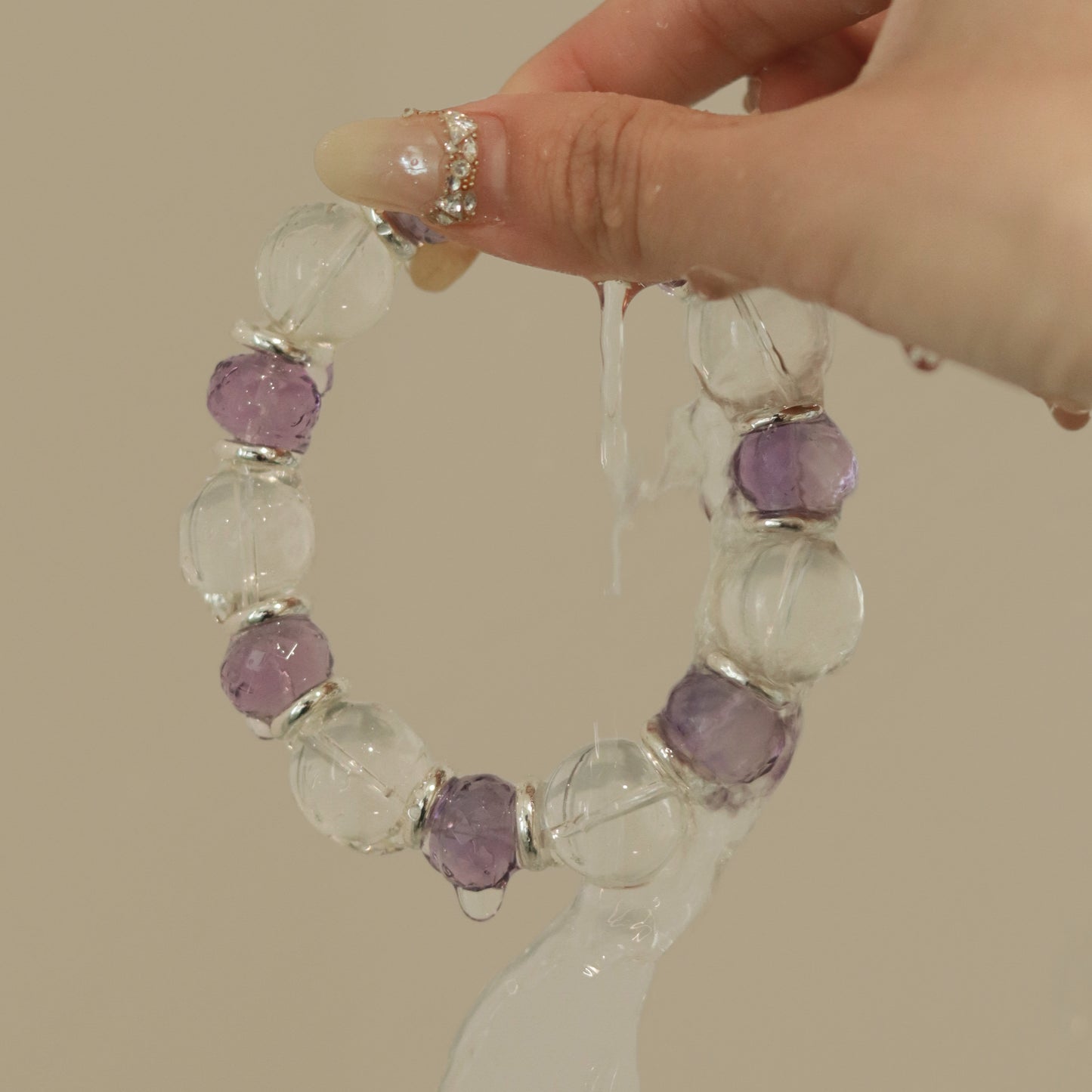 Handmade Amethyst & Clear Quartz Bracelet - Elegant Crystal Fusion