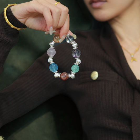 Handmade Multi - Crystal Bracelet: Aquamarine, Rose Quartz, Red Rutilated Quartz & Green Fluorite Fusion