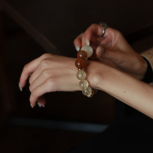 Artisan - Crafted Premium Crystal Bracelet: White Rabbit Hair Focal Bead, Red Rabbit Hair & Golden Rutilated Quartz